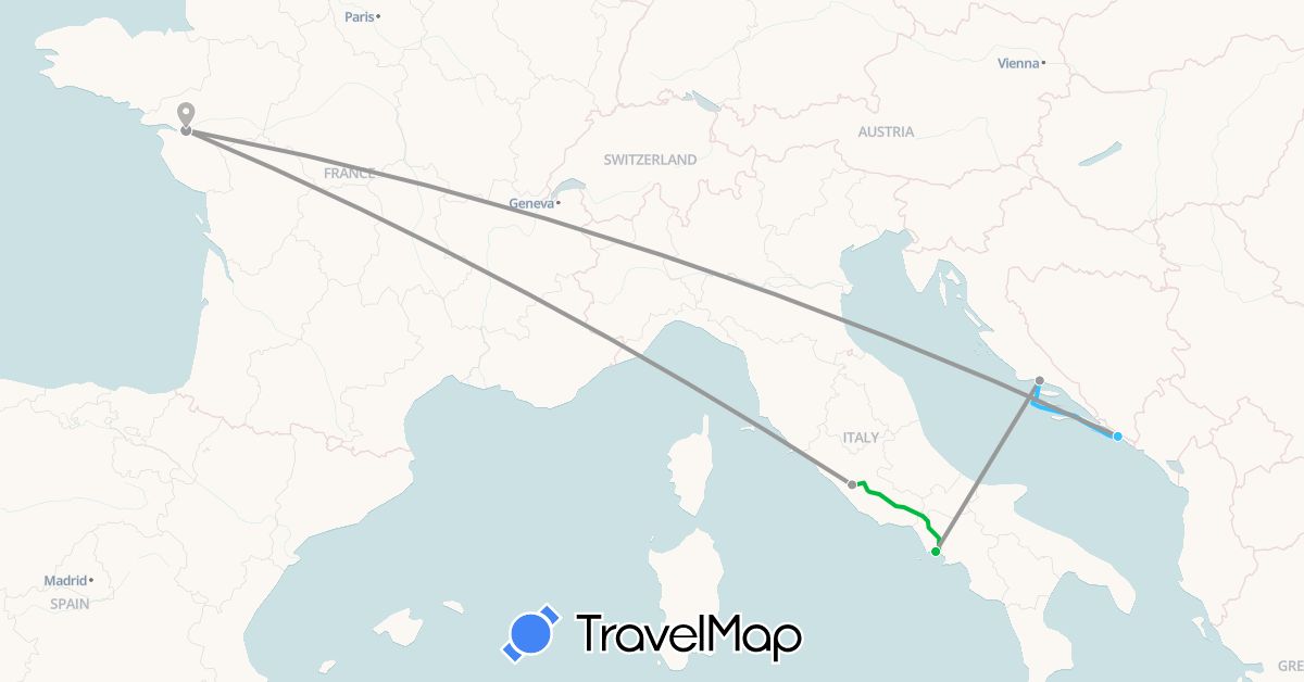 TravelMap itinerary: driving, bus, plane, boat in France, Croatia, Italy (Europe)
